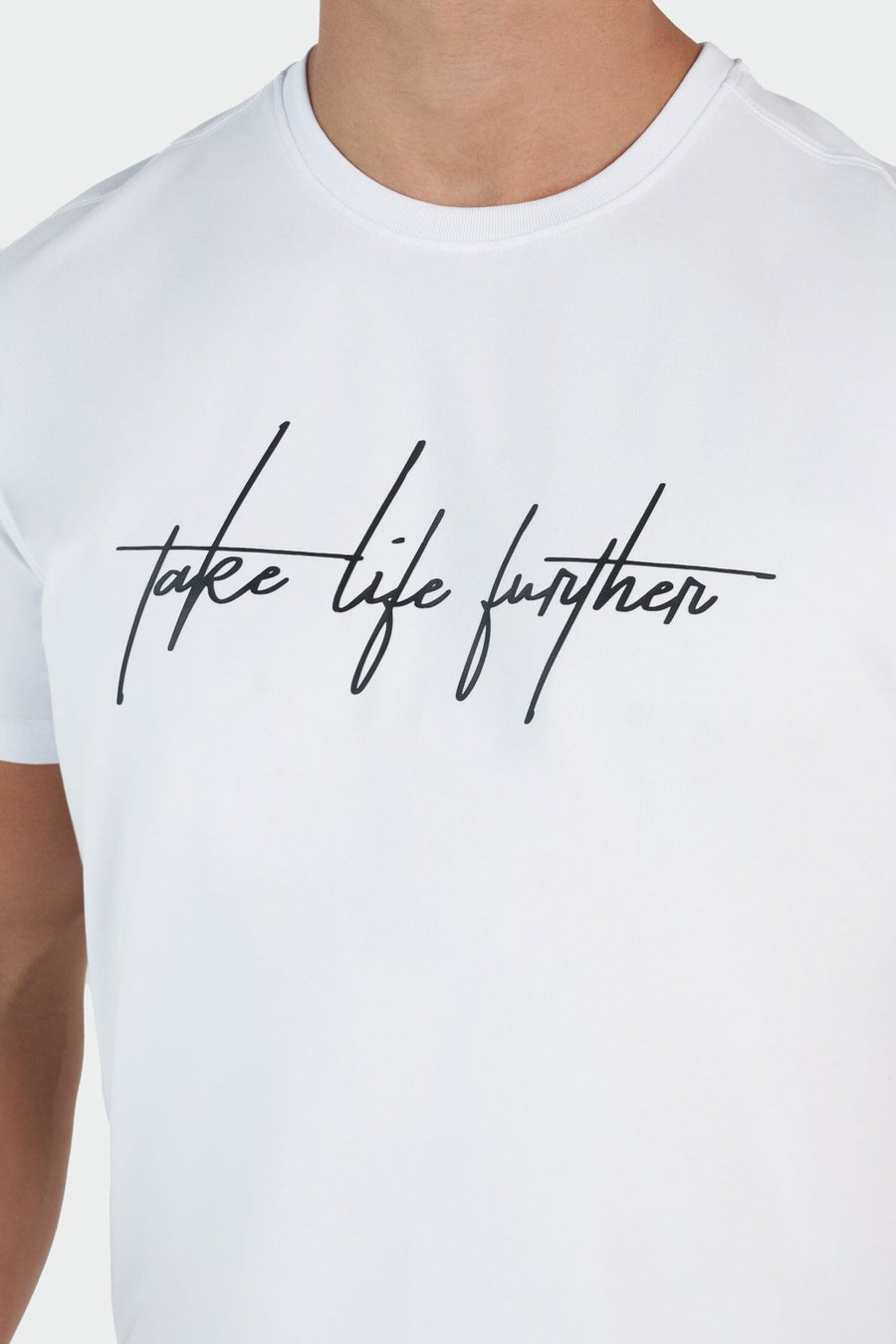 Front View of White Script Swole Tee