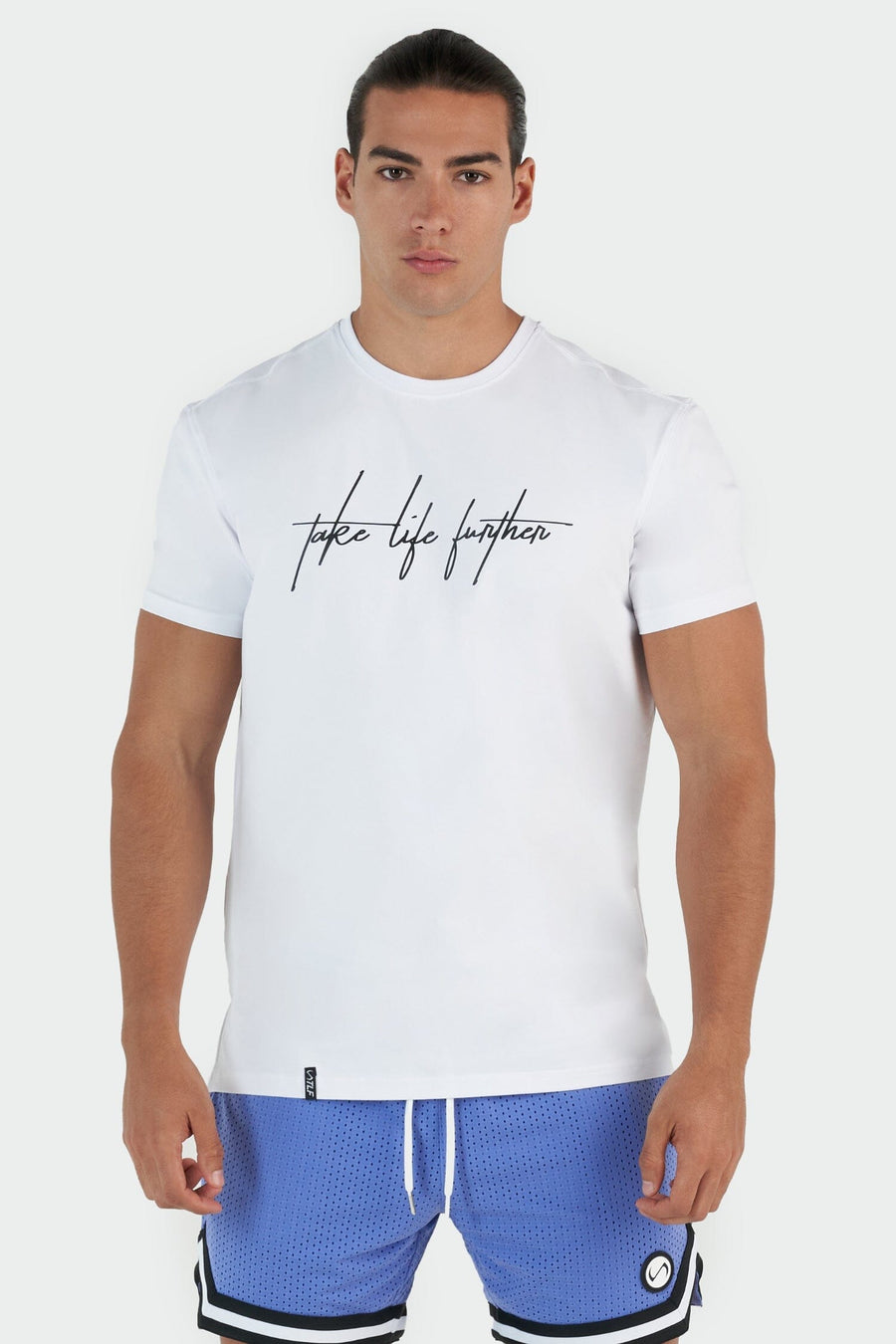 Front View of White Script Swole Tee